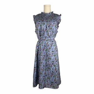Boden Blue Floral Print Ruffle Sleeve Smocked Neck Midi Dress Sz. UK 16L/US12